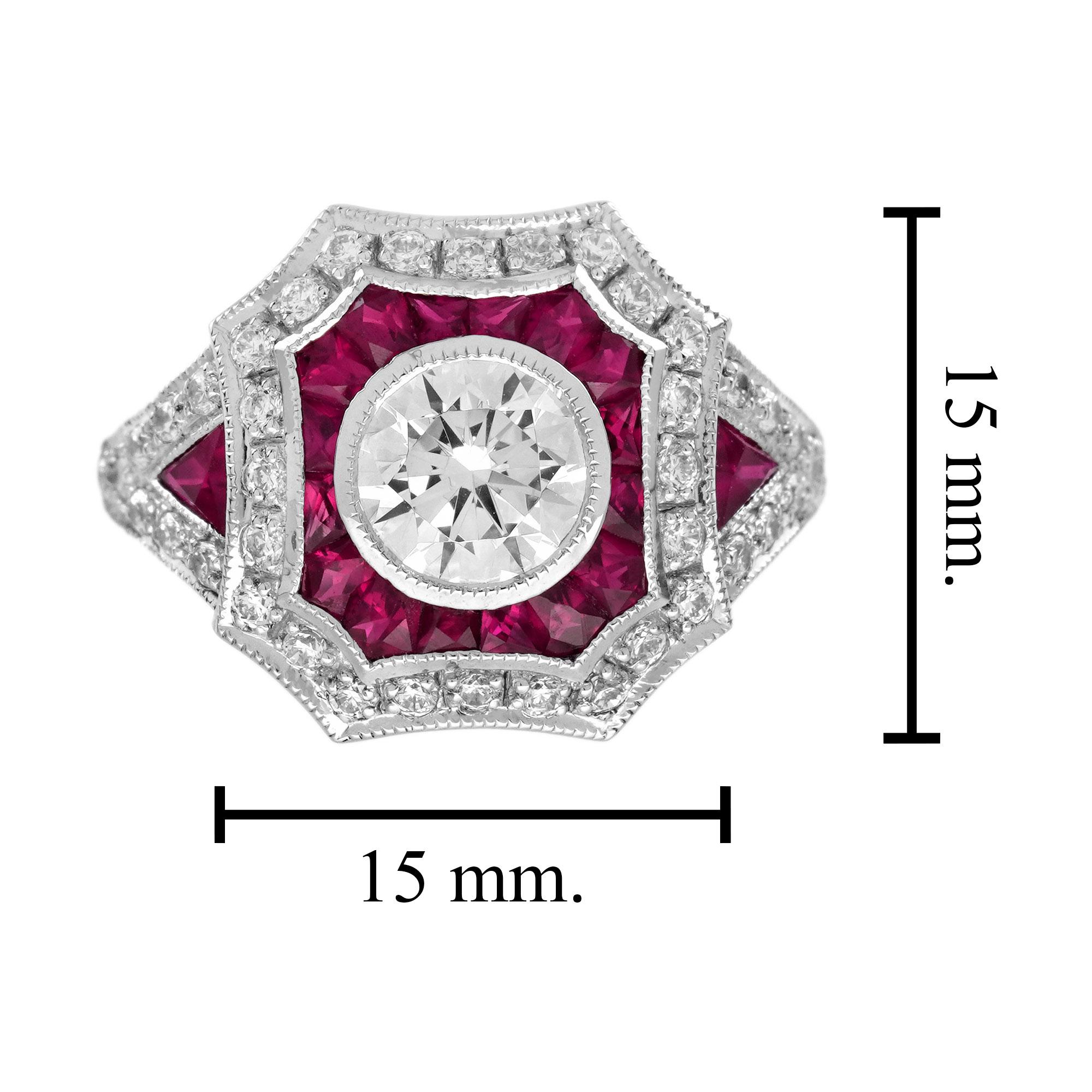 Bague en or blanc 18 carats, diamant et rubis, de forme ronde et de taille brillante, de style Art déco Pour femmes en vente