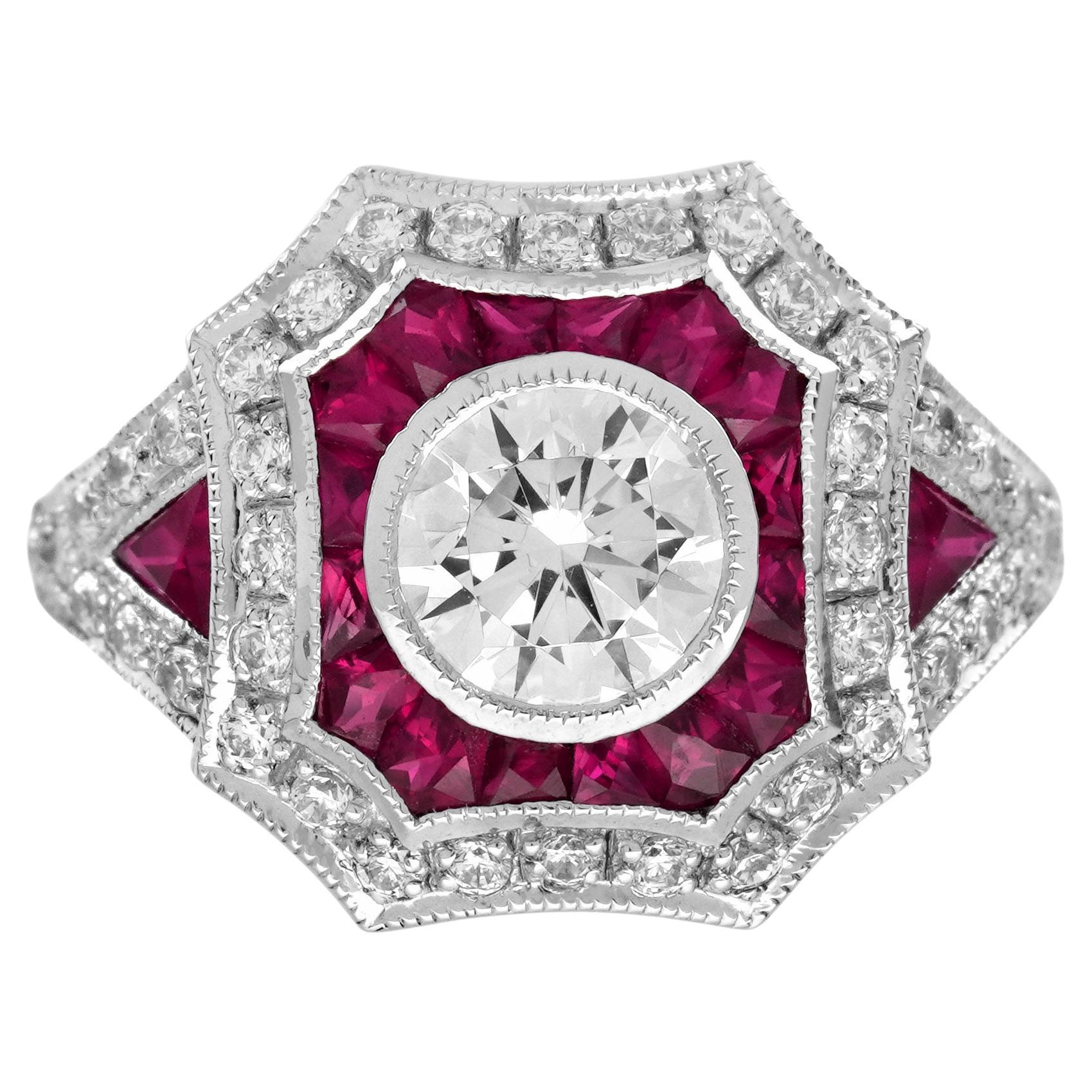 Bague en or blanc 18 carats, diamant et rubis, de forme ronde et de taille brillante, de style Art déco en vente