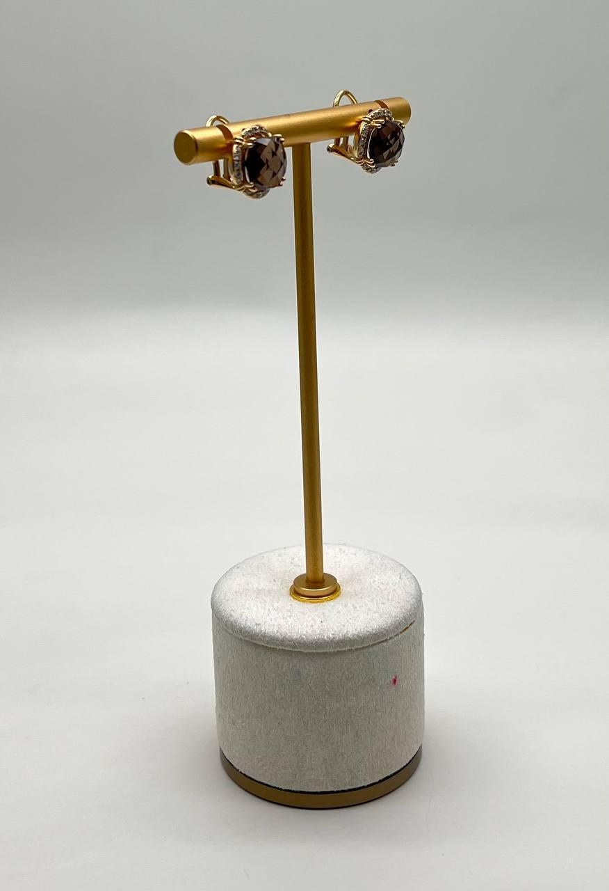 Round Cut Round Shape Brown Smoky Quartz 14K Yellow Gold Diamonds Halo Set Stud Earrings For Sale