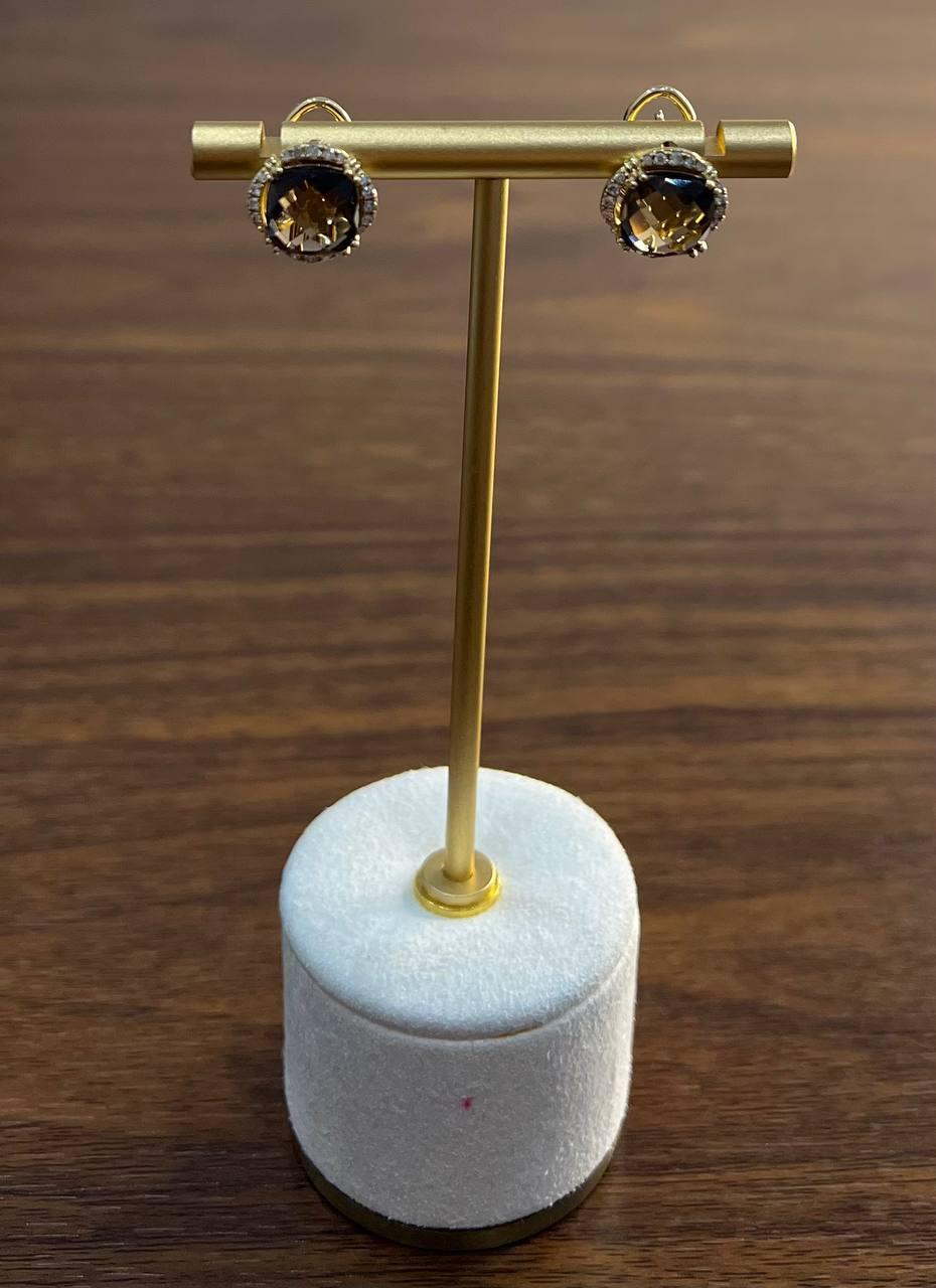 Round Shape Brown Smoky Quartz 14K Yellow Gold Diamonds Halo Set Stud Earrings For Sale 2