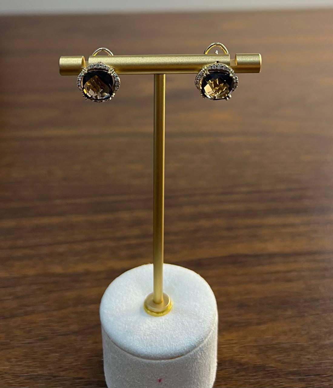 Round Shape Brown Smoky Quartz 14K Yellow Gold Diamonds Halo Set Stud Earrings For Sale 3