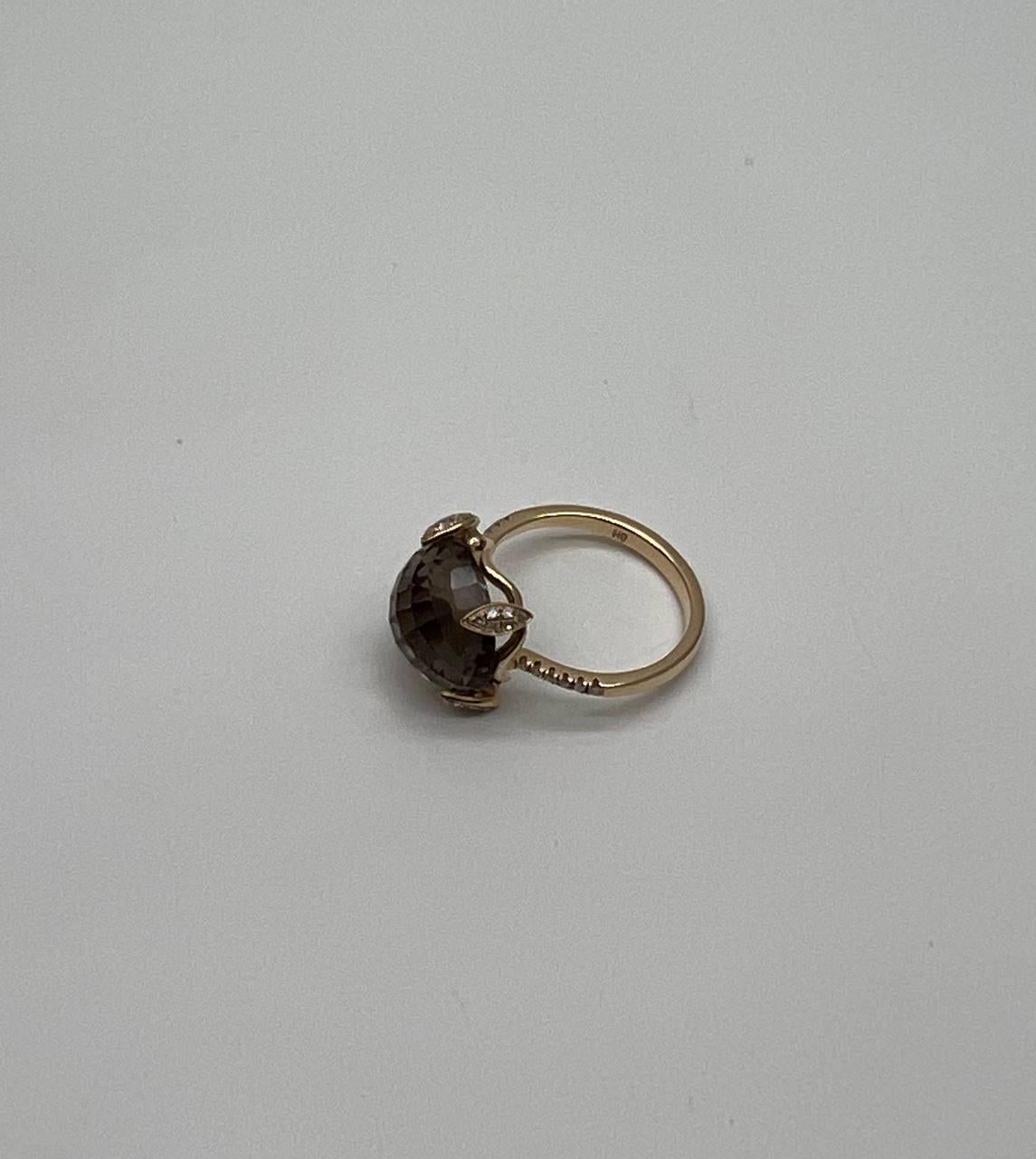 Modern Round Shape Brown Smoky Quartz Diamond Accented Pave 14K Yellow Gold Ring For Sale