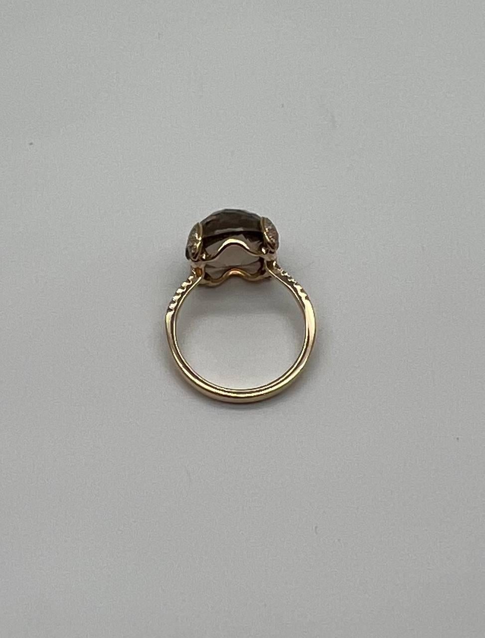 Rough Cut Round Shape Brown Smoky Quartz Diamond Accented Pave 14K Yellow Gold Ring For Sale