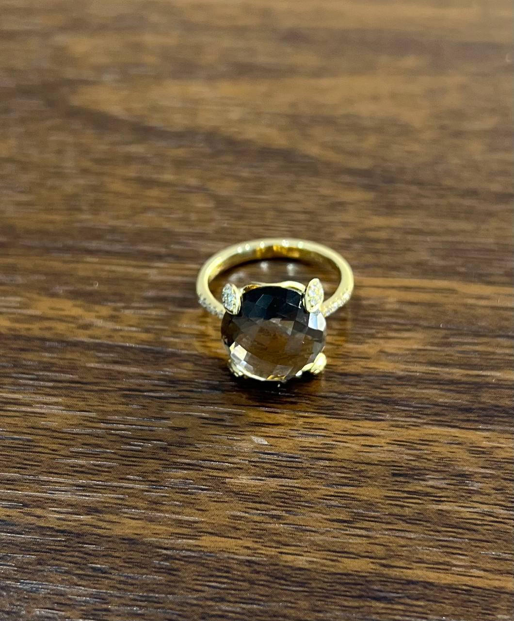 Round Shape Brown Smoky Quartz Diamond Accented Pave 14K Yellow Gold Ring In New Condition For Sale In Oakton, VA