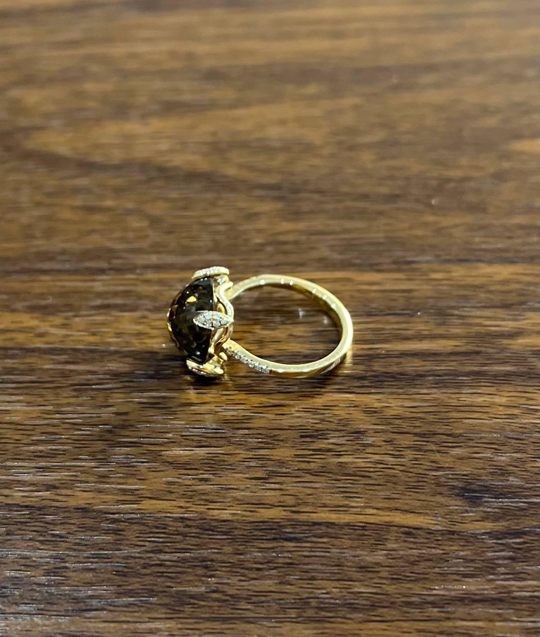 Round Shape Brown Smoky Quartz Diamond Accented Pave 14K Yellow Gold Ring For Sale 1