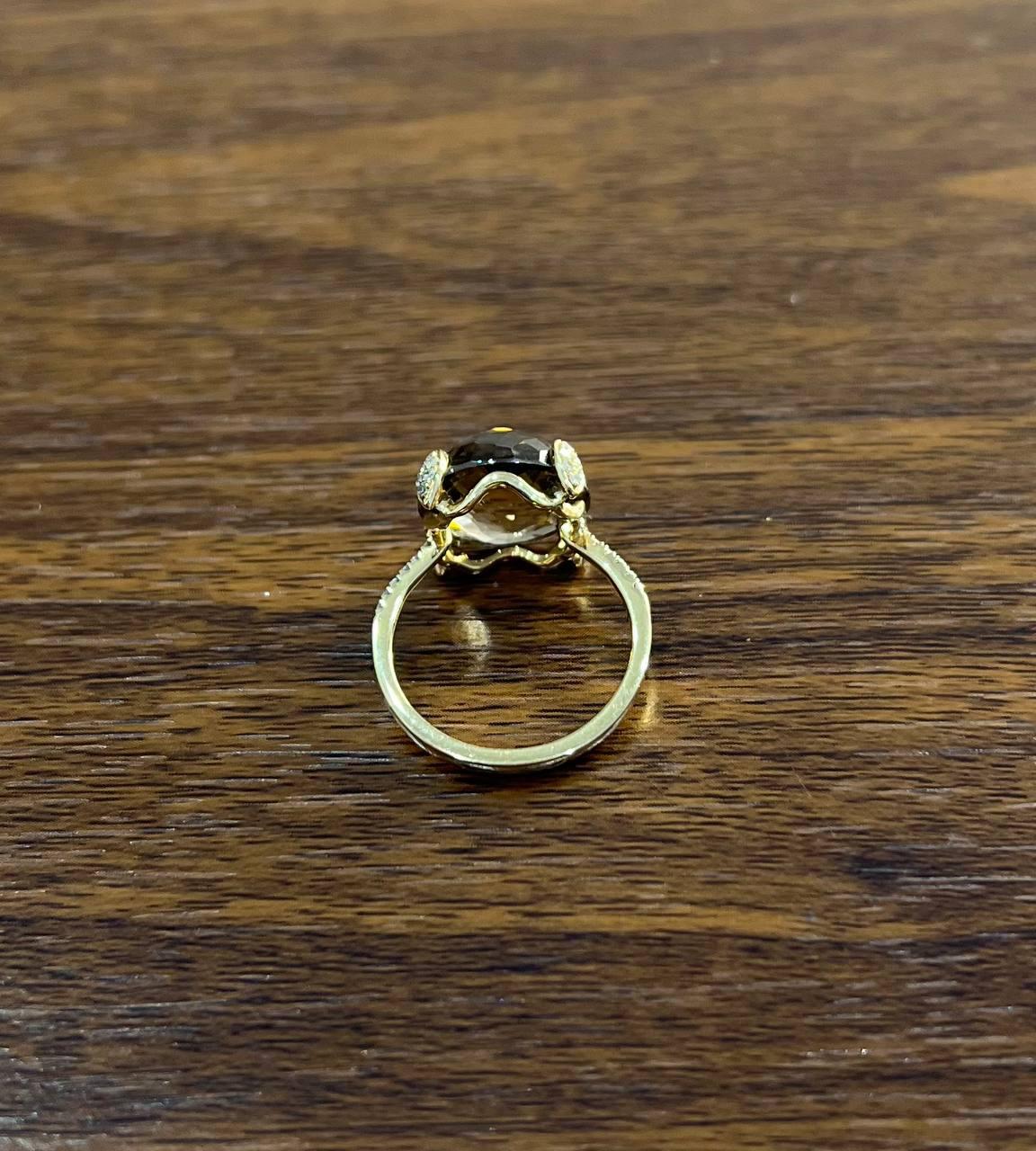Round Shape Brown Smoky Quartz Diamond Accented Pave 14K Yellow Gold Ring For Sale 2