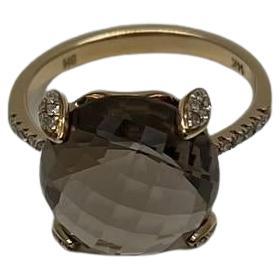 Round Shape Brown Smoky Quartz Diamond Accented Pave 14K Yellow Gold Ring