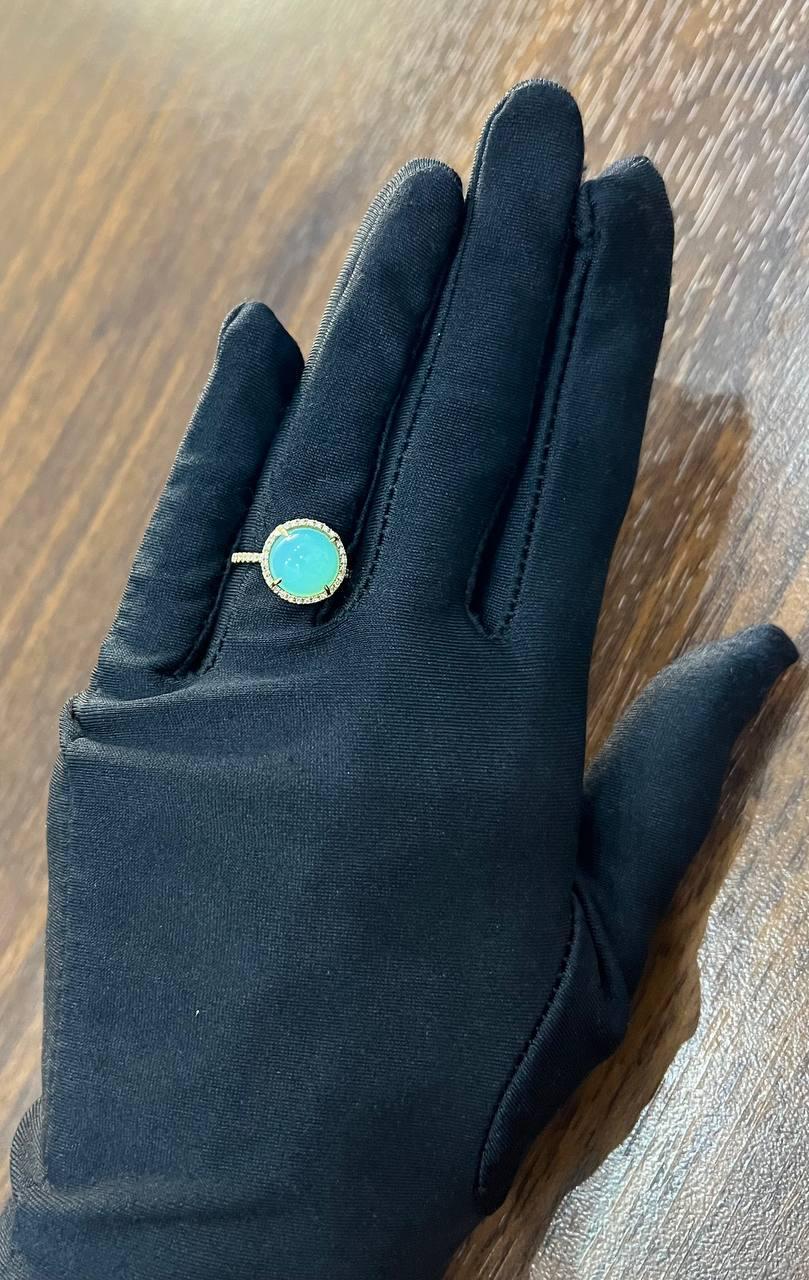 Round Shape Cabochon Green Aquamarine 14K Yellow Gold Diamond Halo Cocktail Ring For Sale 5