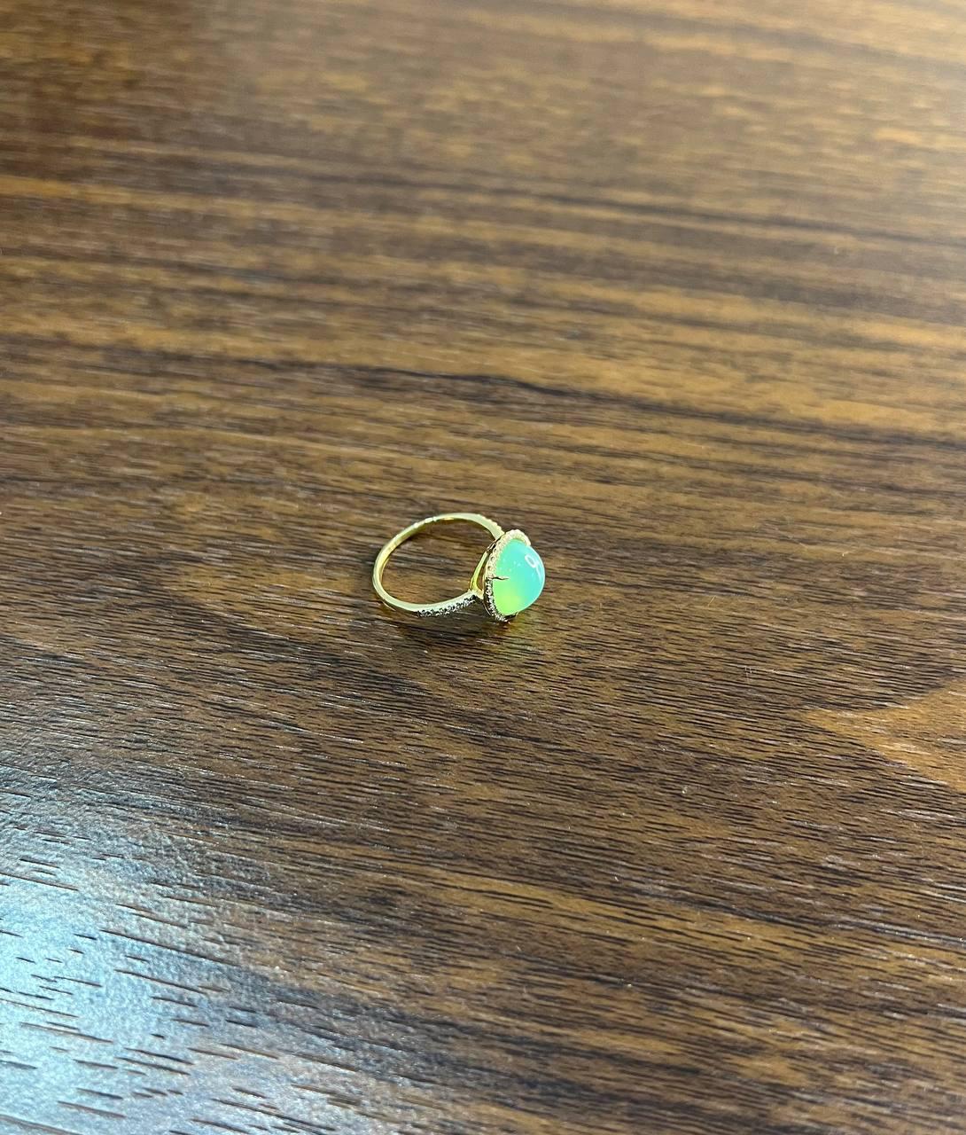 Round Cut Round Shape Cabochon Green Aquamarine 14K Yellow Gold Diamond Halo Cocktail Ring For Sale