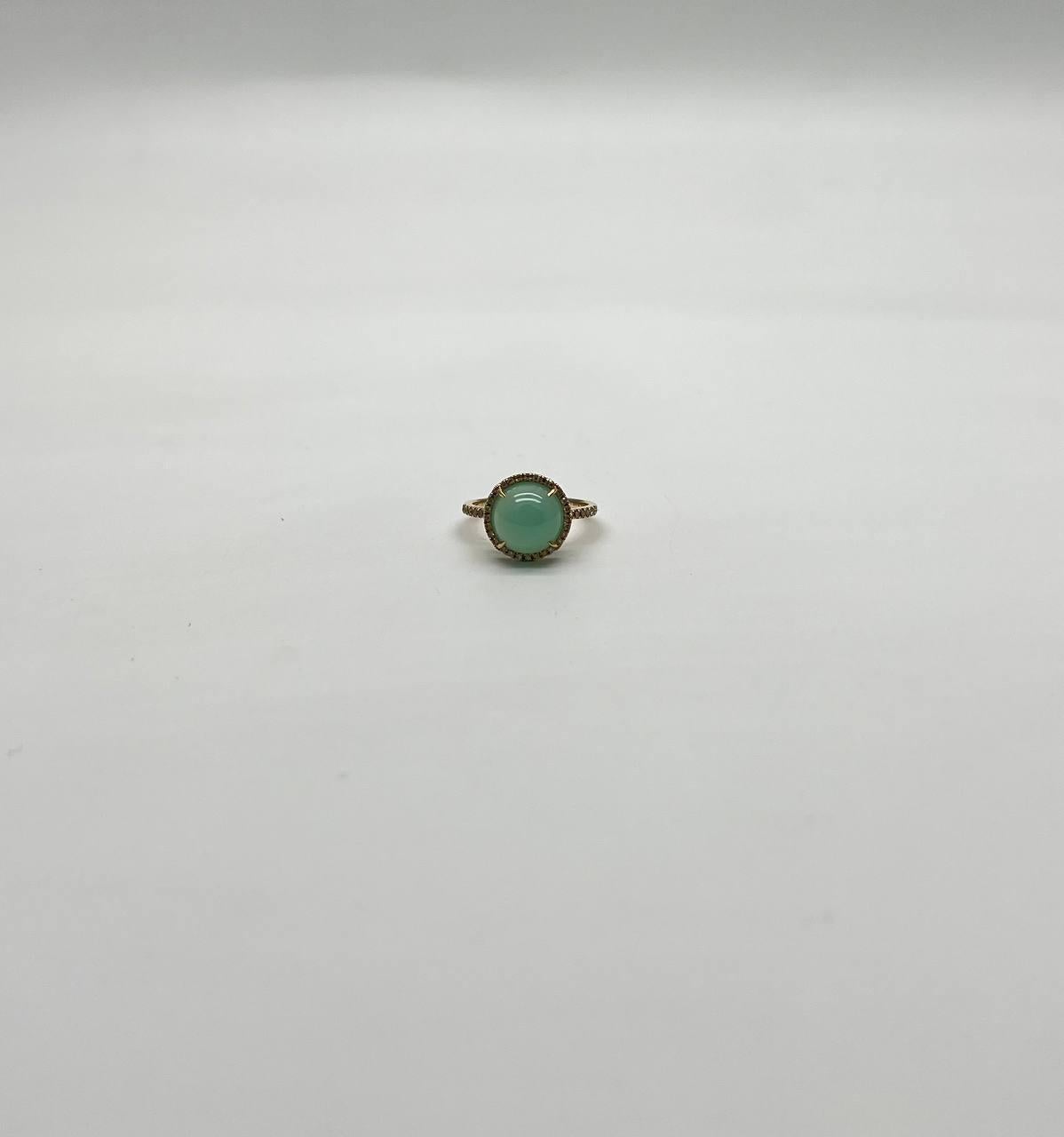Round Shape Cabochon Green Aquamarine 14K Yellow Gold Diamond Halo Cocktail Ring For Sale 1