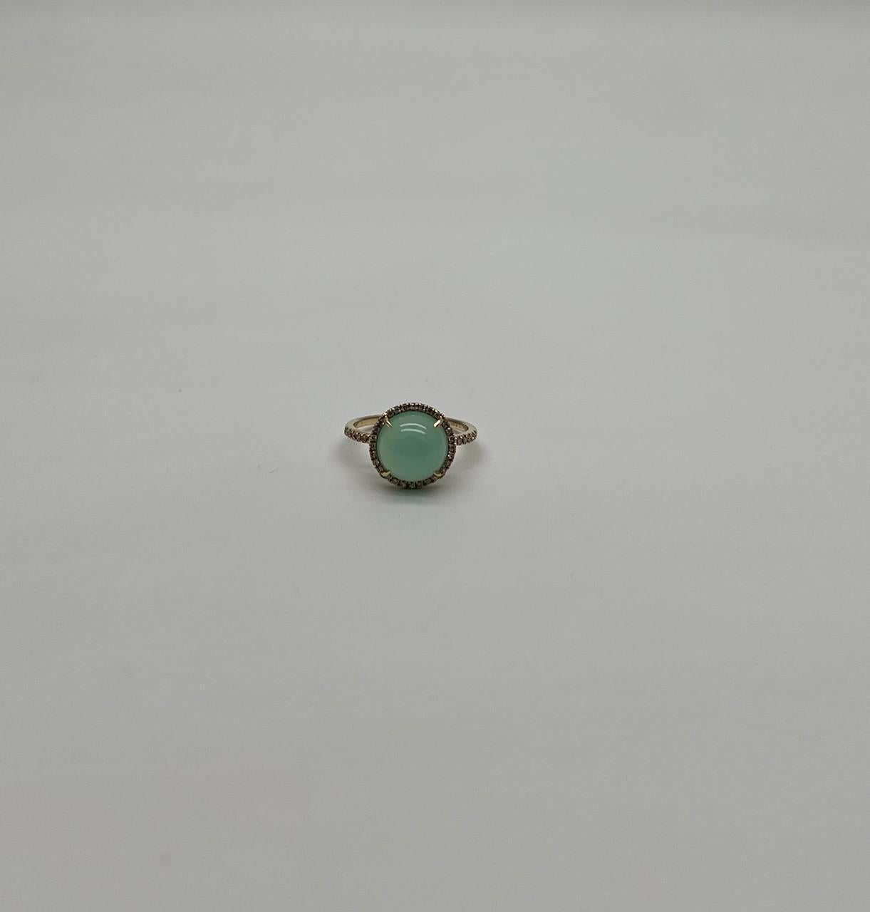Round Shape Cabochon Green Aquamarine 14K Yellow Gold Diamond Halo Cocktail Ring For Sale 2