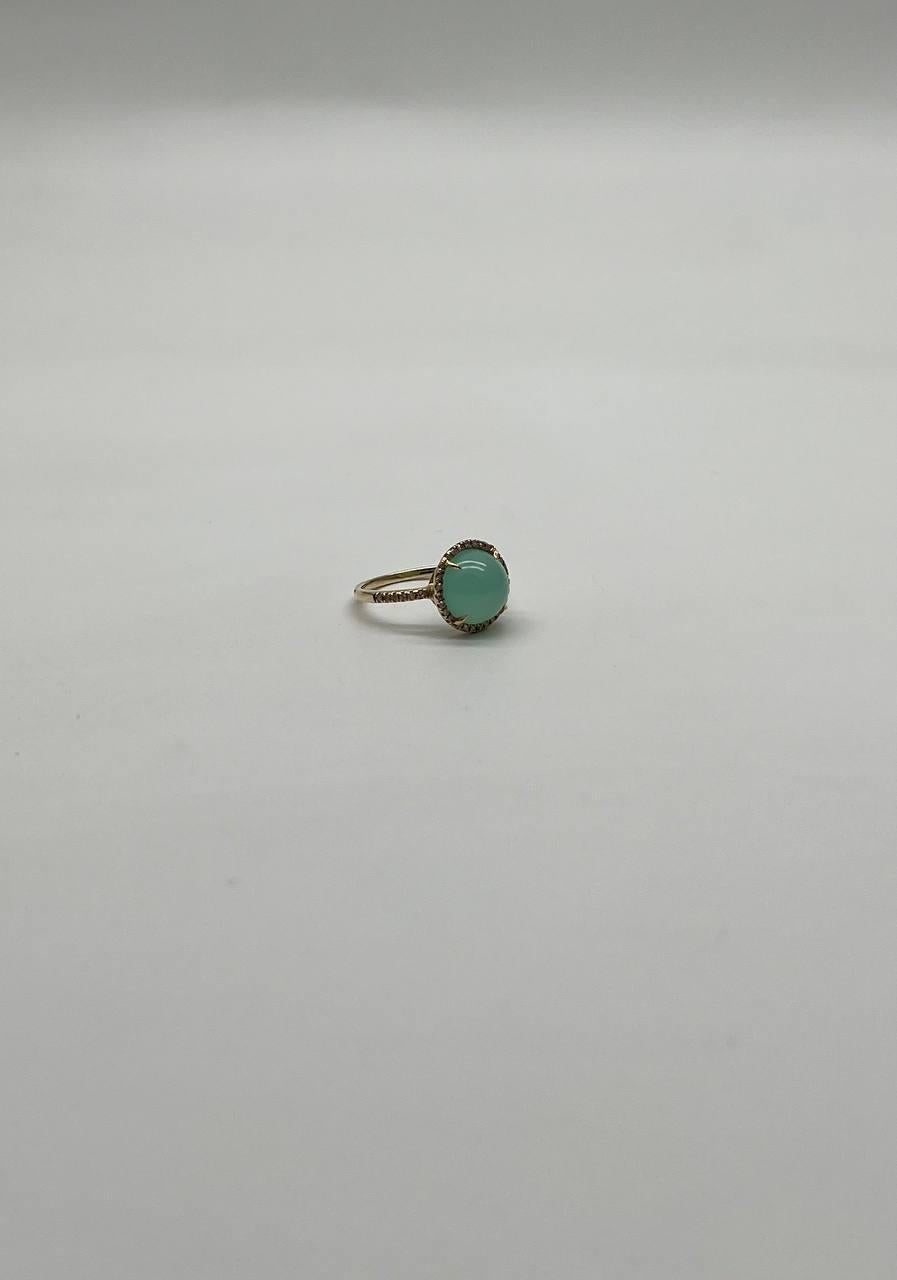Round Shape Cabochon Green Aquamarine 14K Yellow Gold Diamond Halo Cocktail Ring For Sale 3