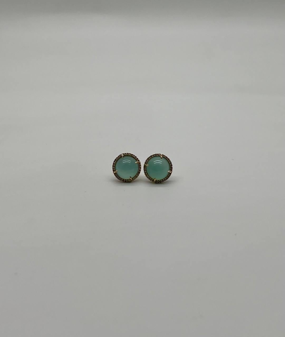 Pendientes de oro amarillo de 14 quilates con cabujón redondo de aguamarina verde y halo de diamantes en venta 6