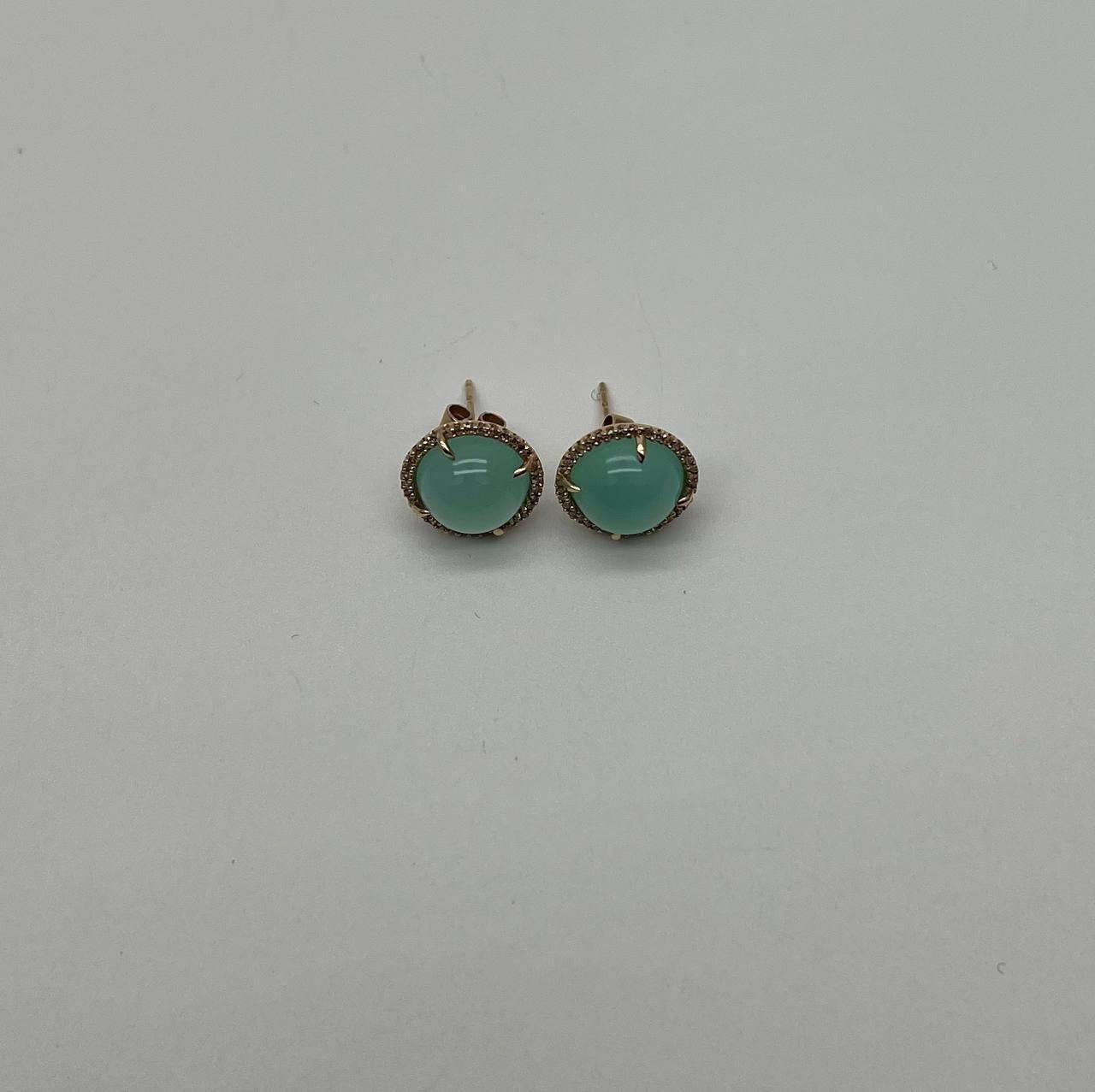 Pendientes de oro amarillo de 14 quilates con cabujón redondo de aguamarina verde y halo de diamantes en venta 7