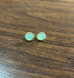 Round Shape Cabochon Green Aquamarine 14K Yellow Gold Diamond Halo Stud Earrings