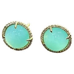 Round Shape Cabochon Green Aquamarine 14K Yellow Gold Diamond Halo Stud Earrings