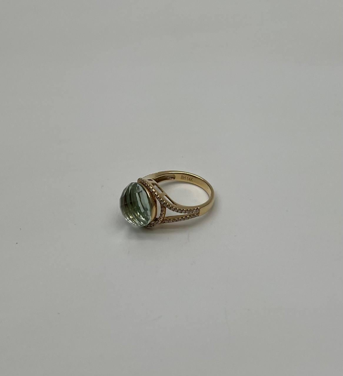 Taille ronde Améthyste verte Prasiolite de forme ronde taillée en damier Bague à pans coupés en or 14K en vente