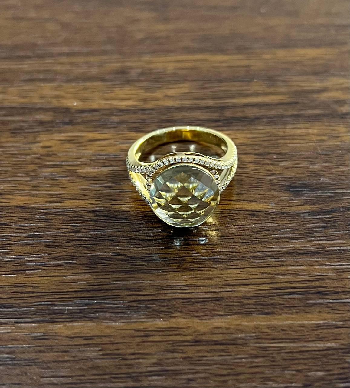 Améthyste verte Prasiolite de forme ronde taillée en damier Bague à pans coupés en or 14K Pour femmes en vente