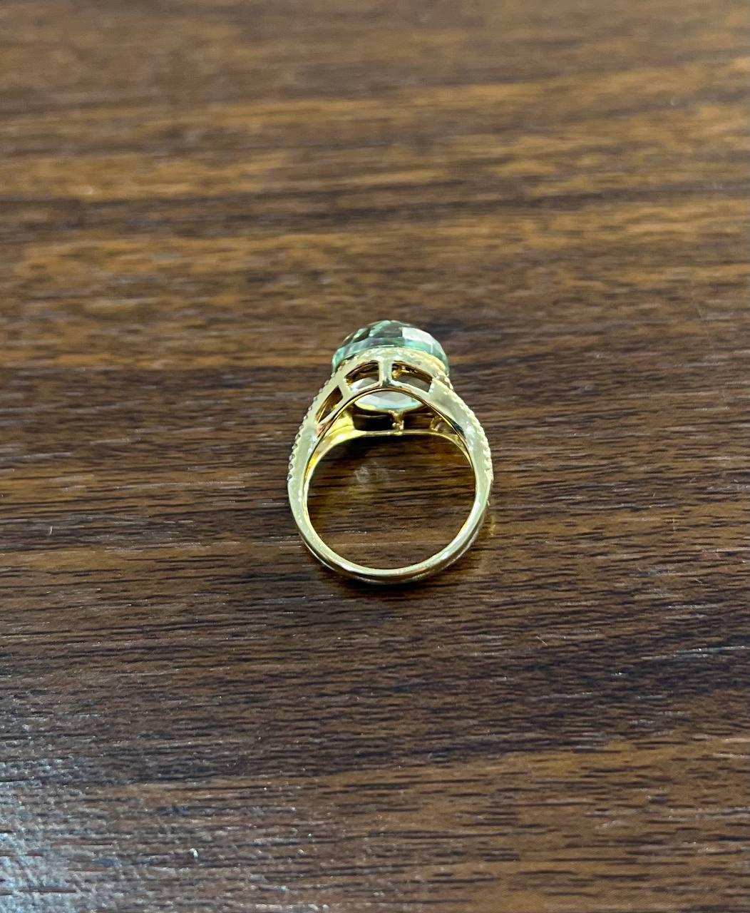 Améthyste verte Prasiolite de forme ronde taillée en damier Bague à pans coupés en or 14K en vente 2