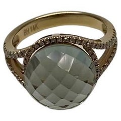 Améthyste verte Prasiolite de forme ronde taillée en damier Bague à pans coupés en or 14K
