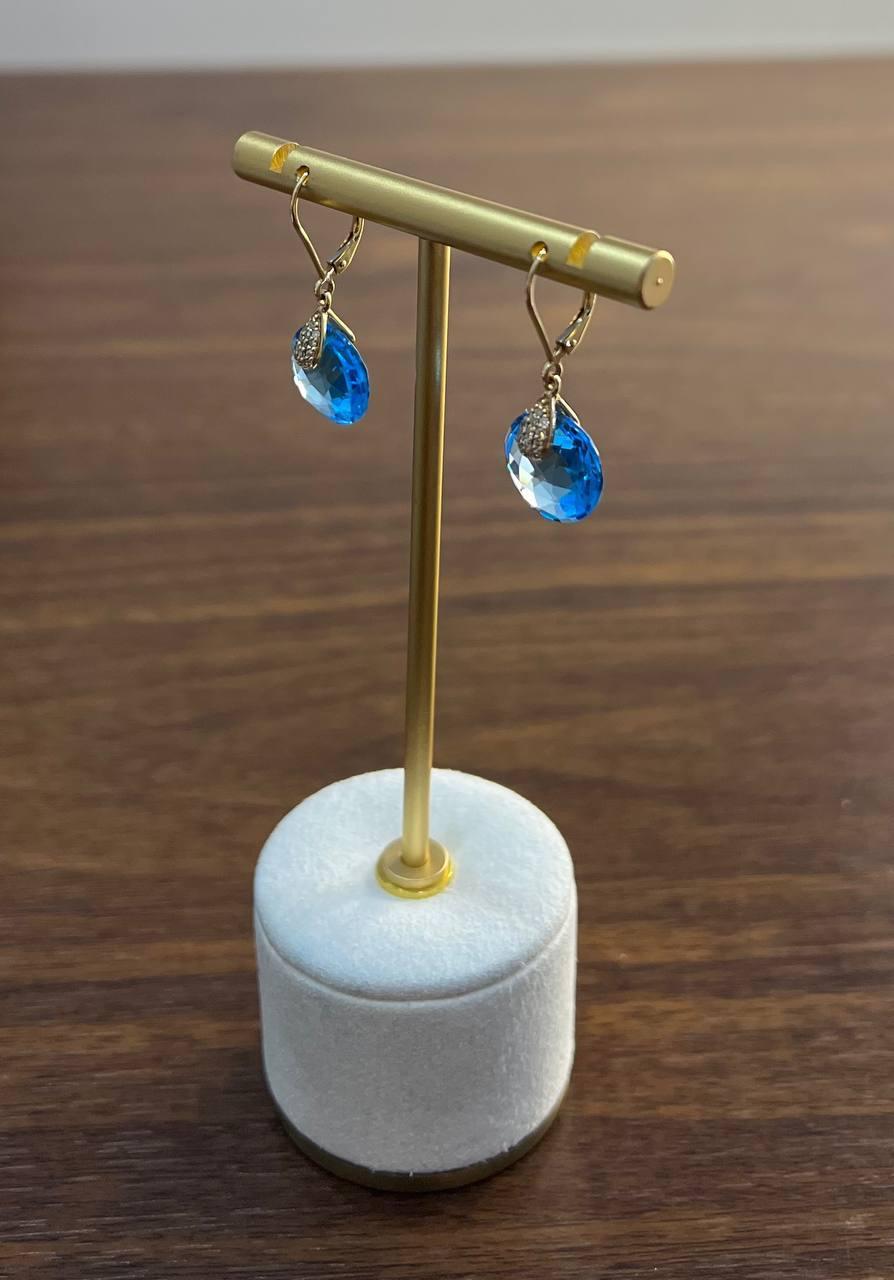 Round Shape Circle Cut Swiss Blue Topaz Diamond 14K Yellow Gold Drop Earrings For Sale 4