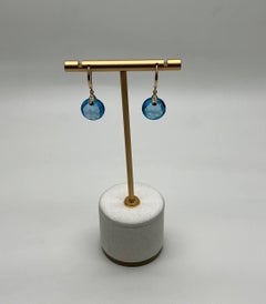 Round Shape Circle Cut Swiss Blue Topaz Diamond 14K Yellow Gold Drop Earrings