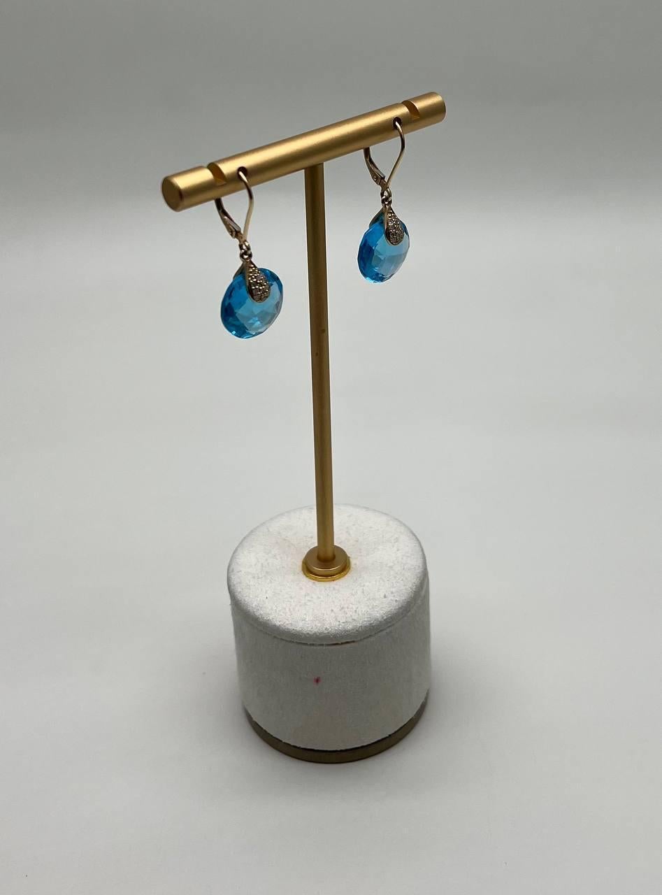 Contemporary Round Shape Circle Cut Swiss Blue Topaz Diamond 14K Yellow Gold Drop Earrings For Sale