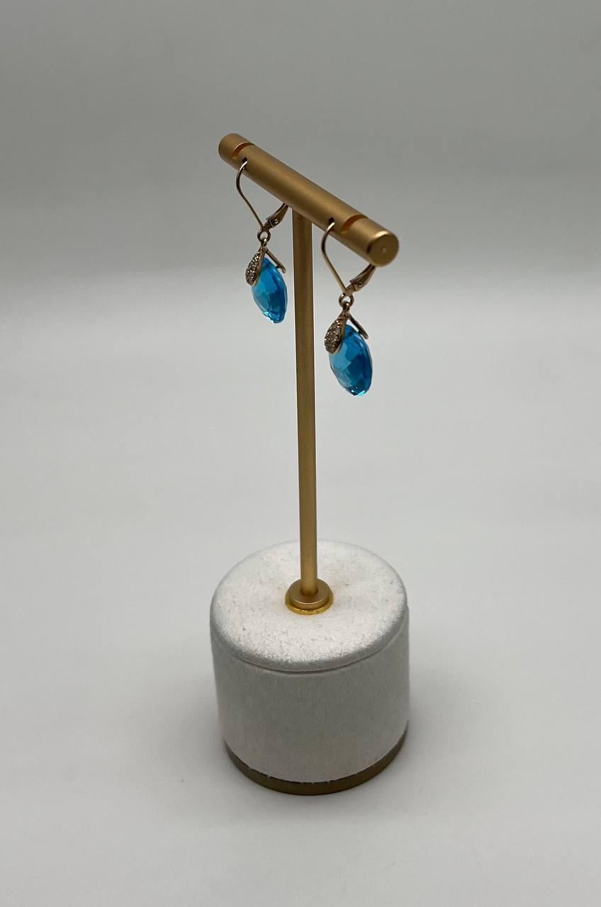 Round Cut Round Shape Circle Cut Swiss Blue Topaz Diamond 14K Yellow Gold Drop Earrings For Sale