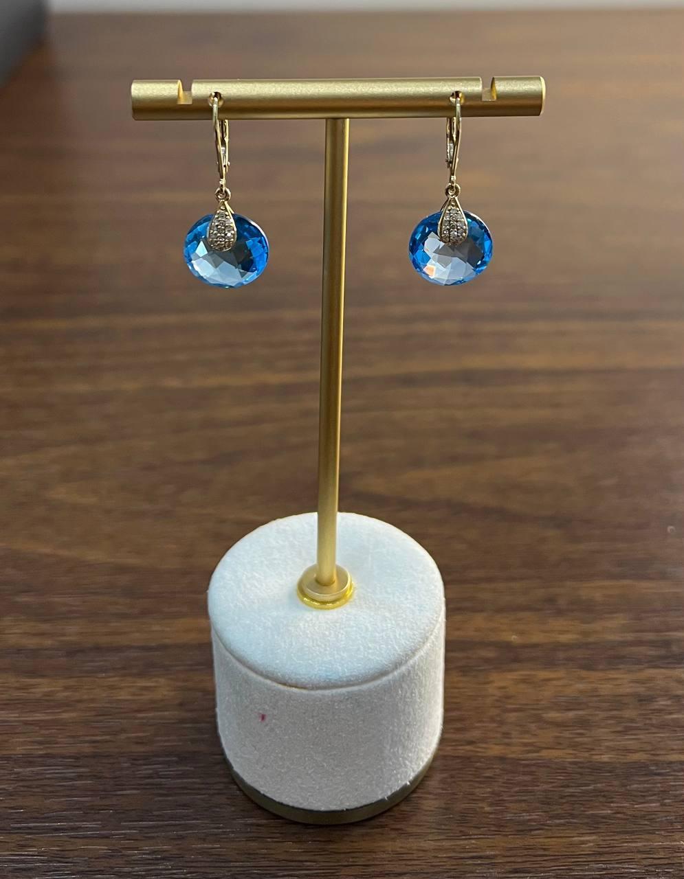 Round Shape Circle Cut Swiss Blue Topaz Diamond 14K Yellow Gold Drop Earrings In New Condition For Sale In Oakton, VA