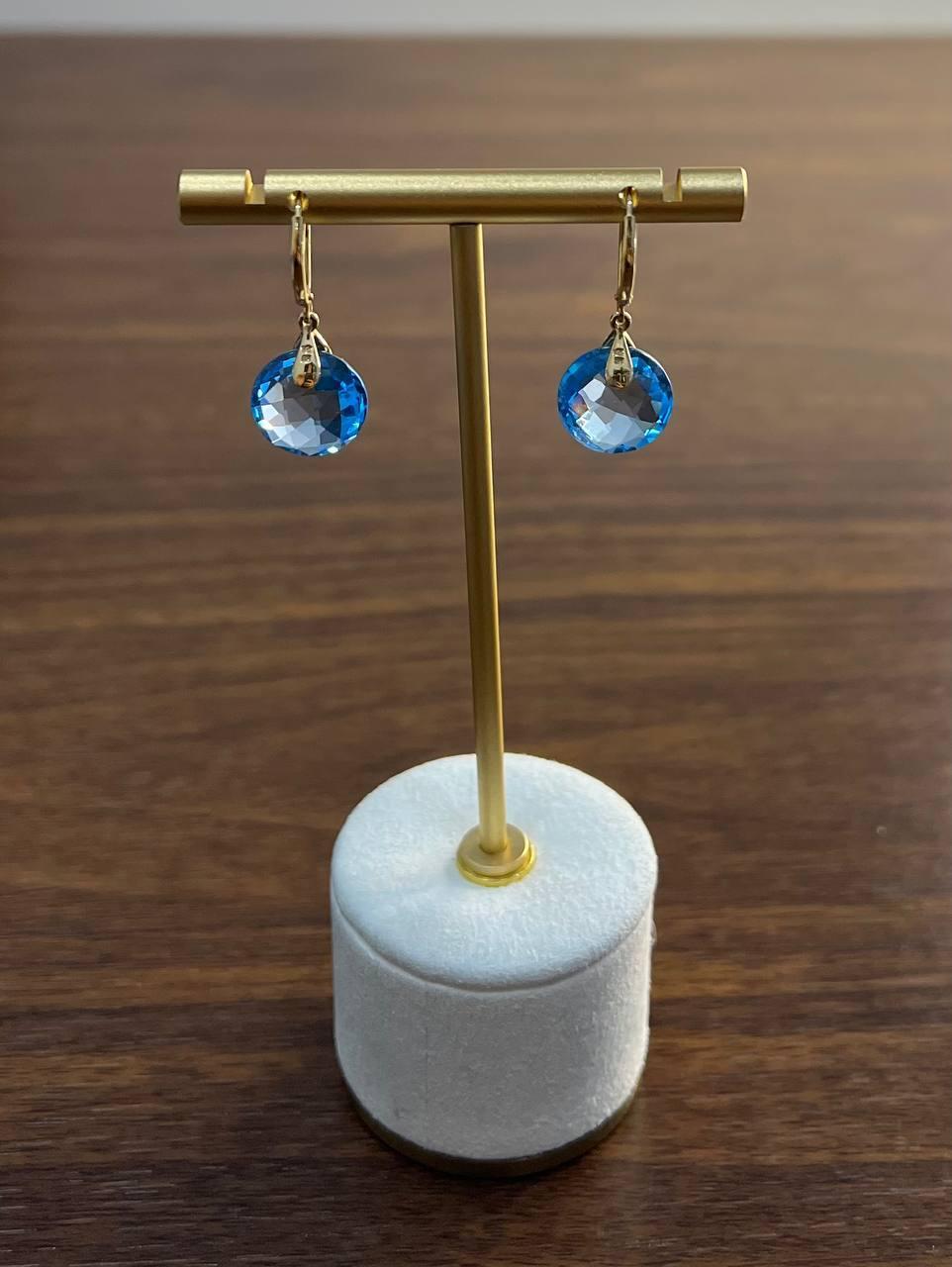 Round Shape Circle Cut Swiss Blue Topaz Diamond 14K Yellow Gold Drop Earrings For Sale 1