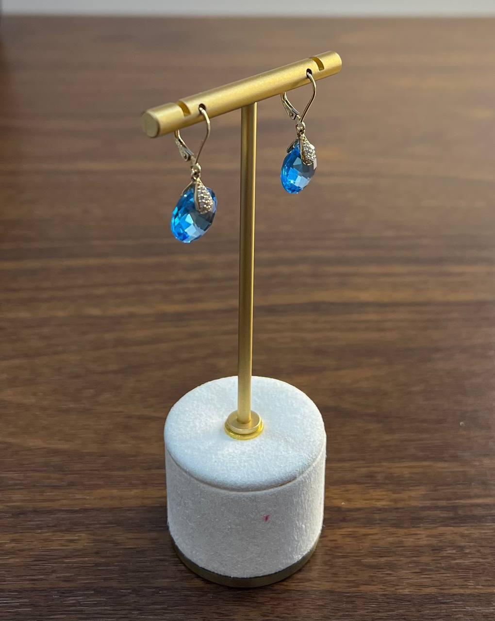 Round Shape Circle Cut Swiss Blue Topaz Diamond 14K Yellow Gold Drop Earrings For Sale 2