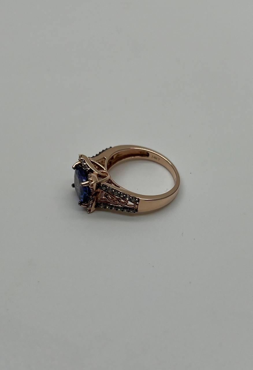 Round Shape Cut Blue Violet Tanzanite White Diamond Statement 14K Rose Gold Ring For Sale 6