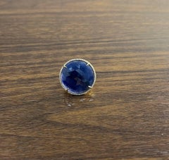 Round Shape Faceted Blue Sapphire Cabochon Diamond Halo 14K Yellow Gold Ring