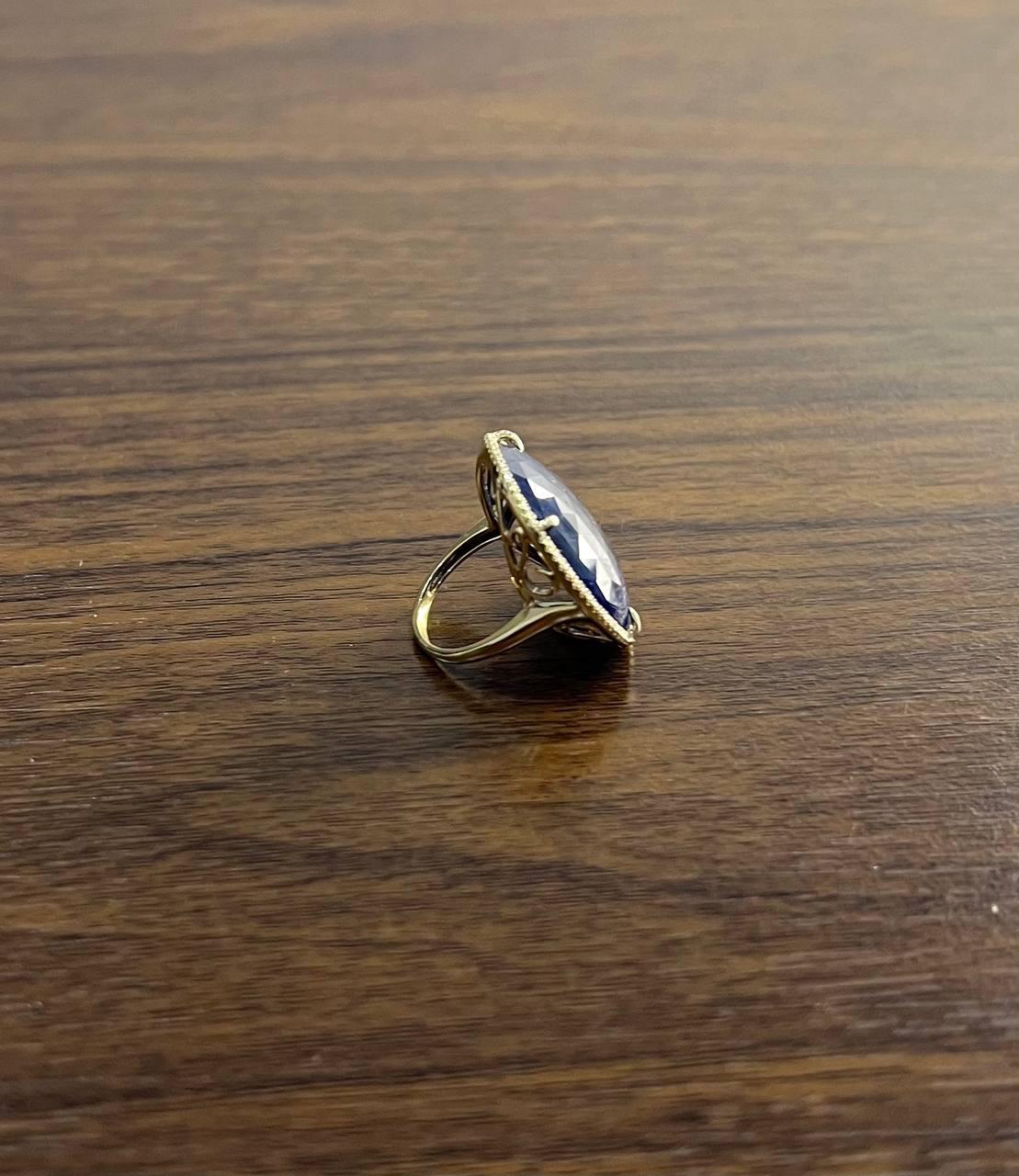 Women's Round Shape Faceted Blue Sapphire Cabochon Diamond Halo 14K Yellow Gold Ring For Sale