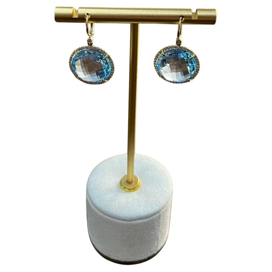 Pendientes de oro de 14 quilates con forma redonda, corte facetado y gota de diamantes de topacio azul