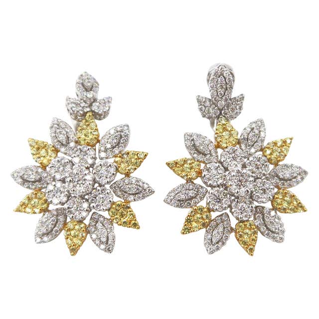 Yellow White Sapphire Diamond Cluster 18k Gold Earrings with Yellow ...