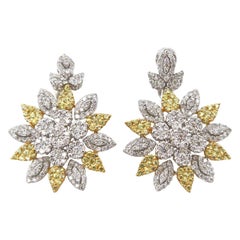 Round Shape Motif Diamond and Yellow Sapphire Dangle Gold Earrings