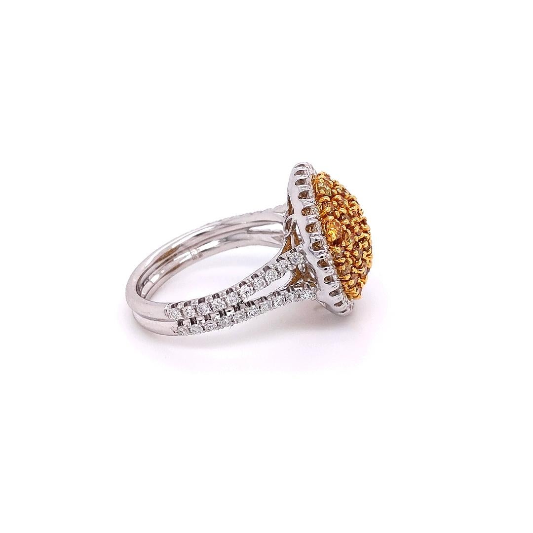 Contemporary 1.60 Carat Natural Fancy Yellow Diamond Cluster Ring With Halo For Sale