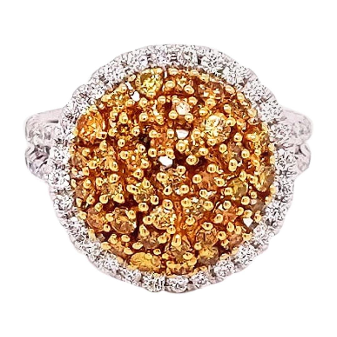 1.60 Carat Natural Fancy Yellow Diamond Cluster Ring With Halo For Sale