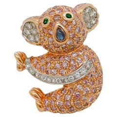 Round Shape Pink and Multi-color Diamond Koala Brooch in 18K Rose Gold