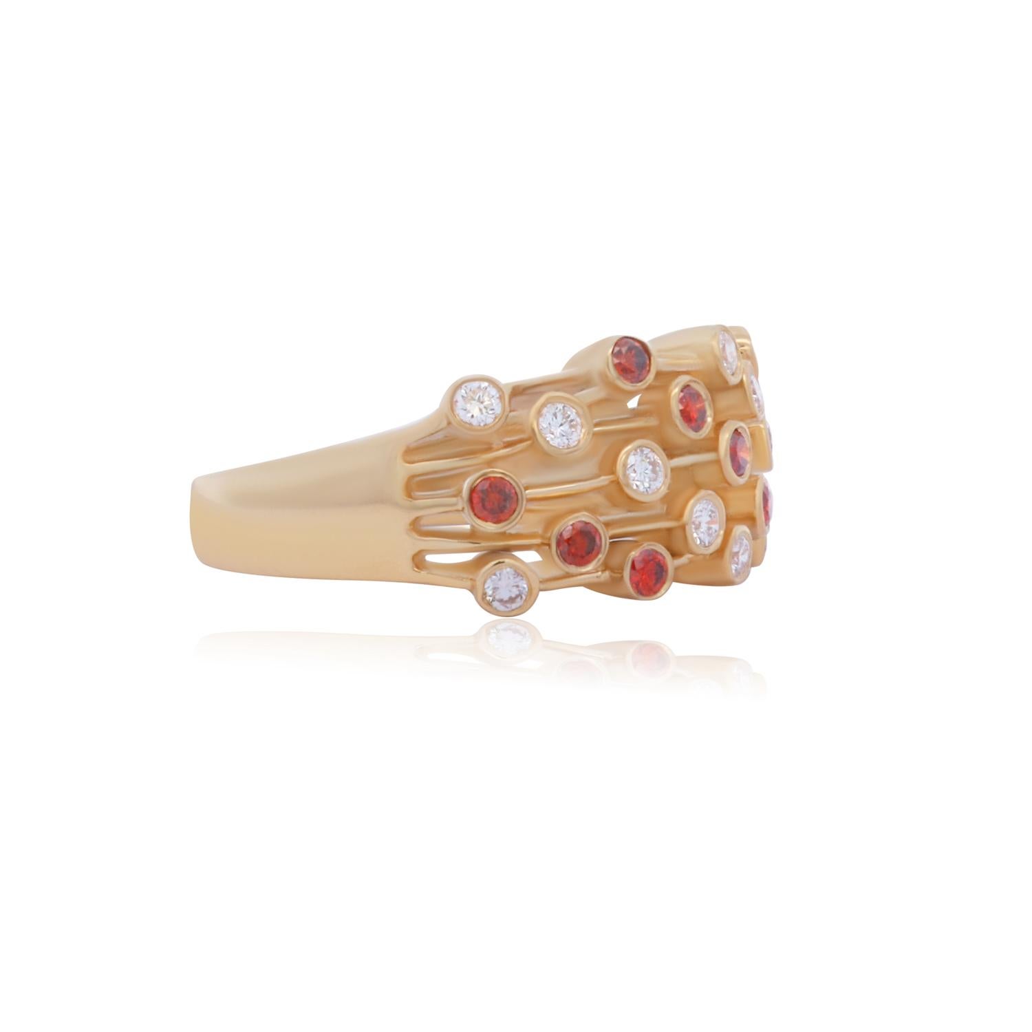 Material: 14k Yellow Gold
Gemstones: 11 Round Red Diamond at 0.35 Carats Total Weight
Diamonds: 12 Round Brilliant Diamonds at 0.28 Carats

SI Clarity / H-I Color. 
Ring Size: 6.5. Alberto offers complimentary sizing on all rings.

Fine one-of-a