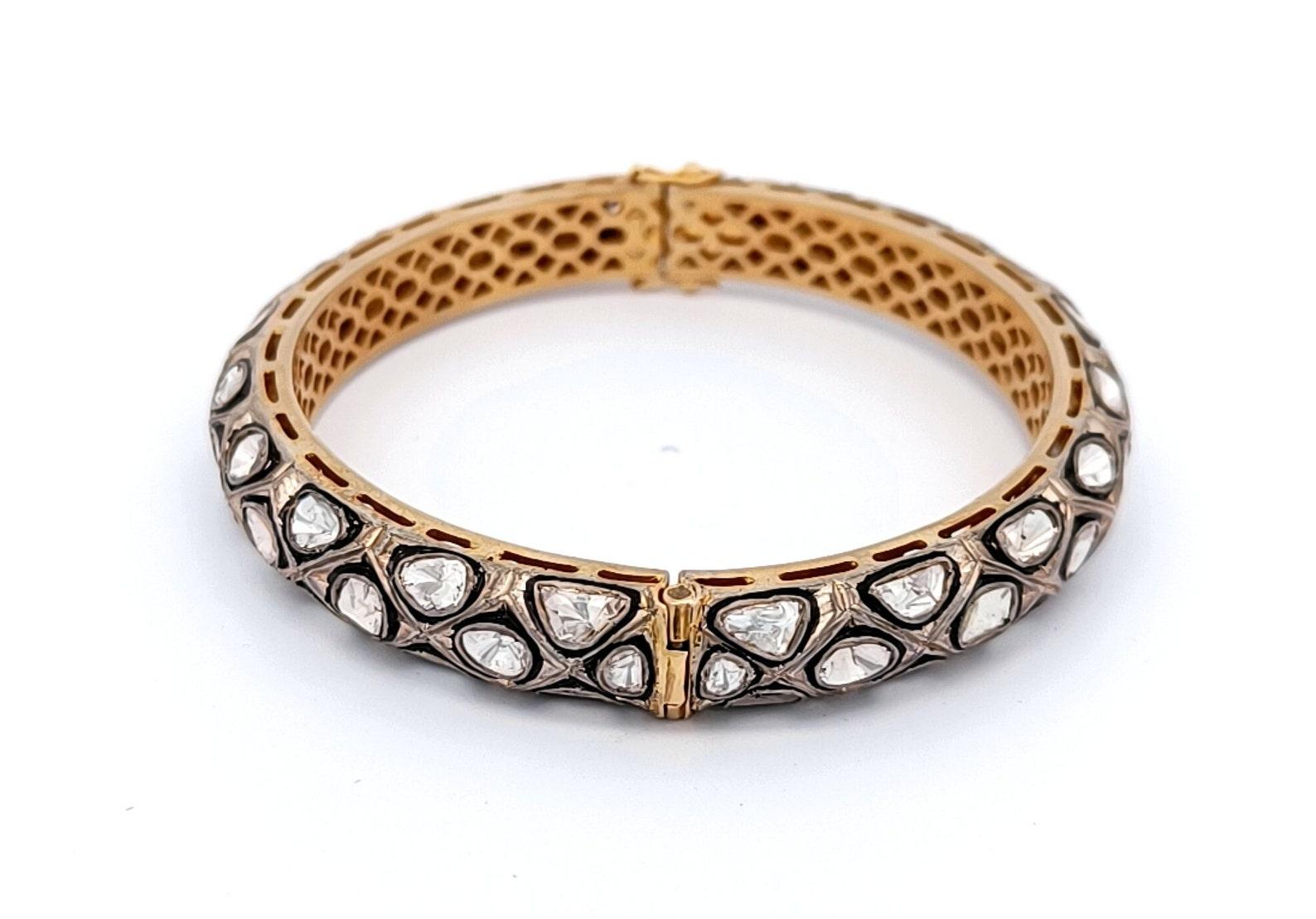 Women's or Men's Round Shape Rosecut Diamond Bangle 925 Sterling Silver Antique Jewellery For Her For Sale