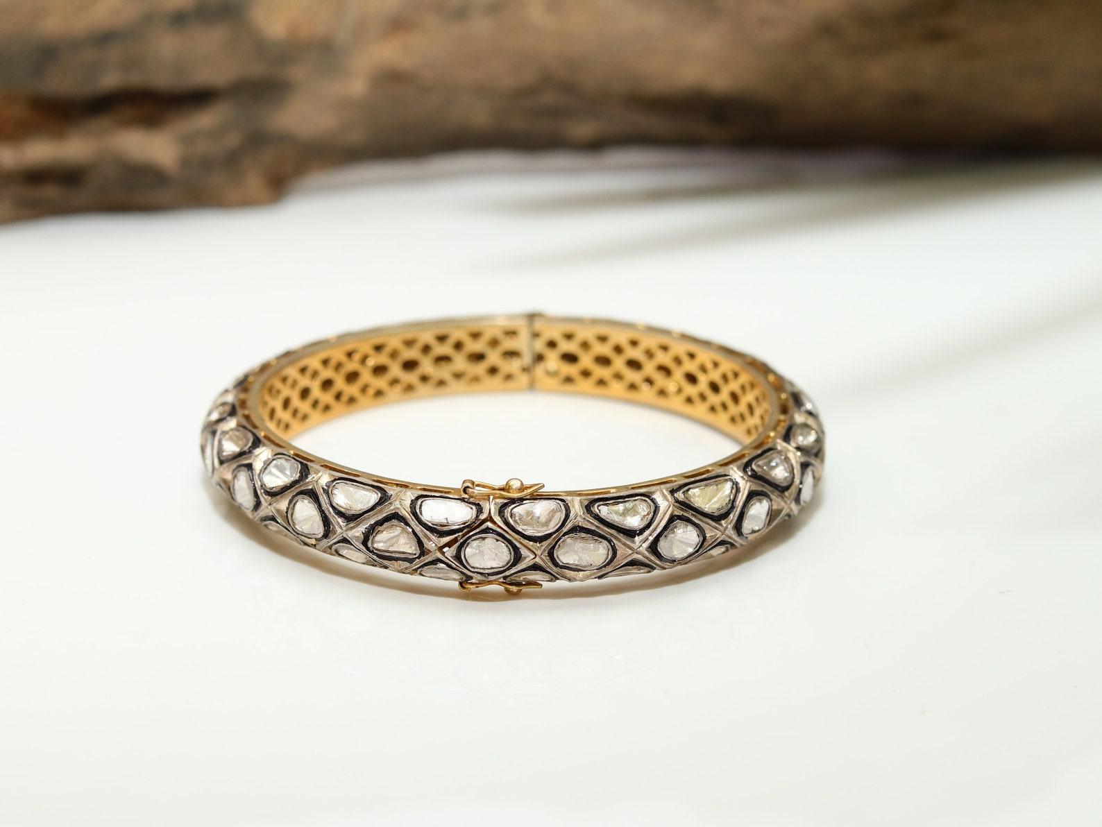 Round Shape Rosecut Diamond Bangle 925 Sterling Silver Antique Jewellery For Her For Sale 1