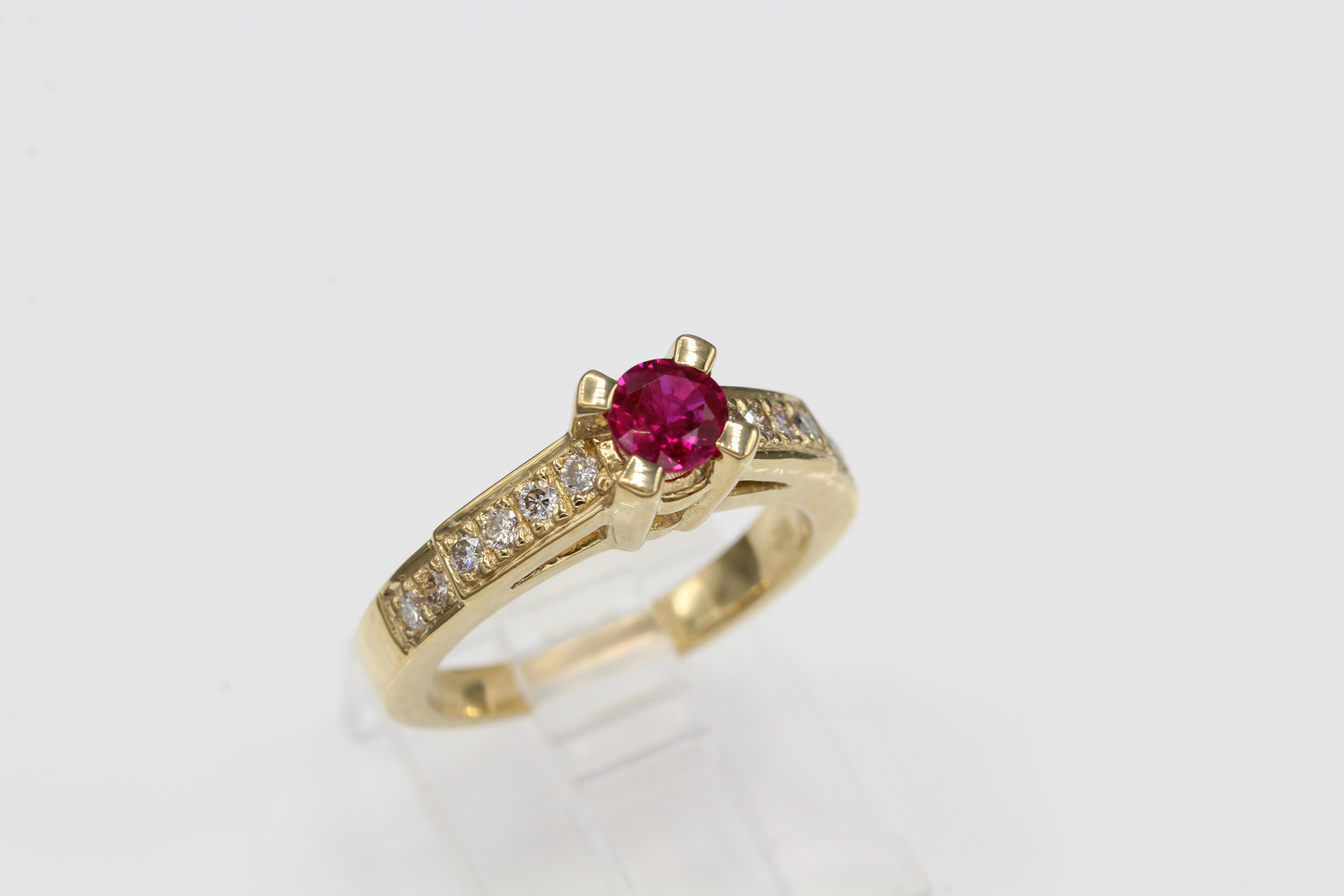  Round shape Natural Ruby very good red color AAA 0.50 carat, and Natural Diamond 0.25 carat GH-VS
 18K Yellow Gold 6.0 Grams, Finger Size 6
