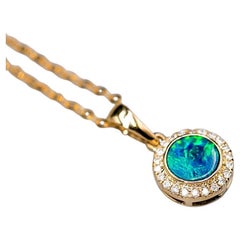 Round Shaped Australian Doublet Opal Halo Diamond Pendant Necklace 14k Yellow Go