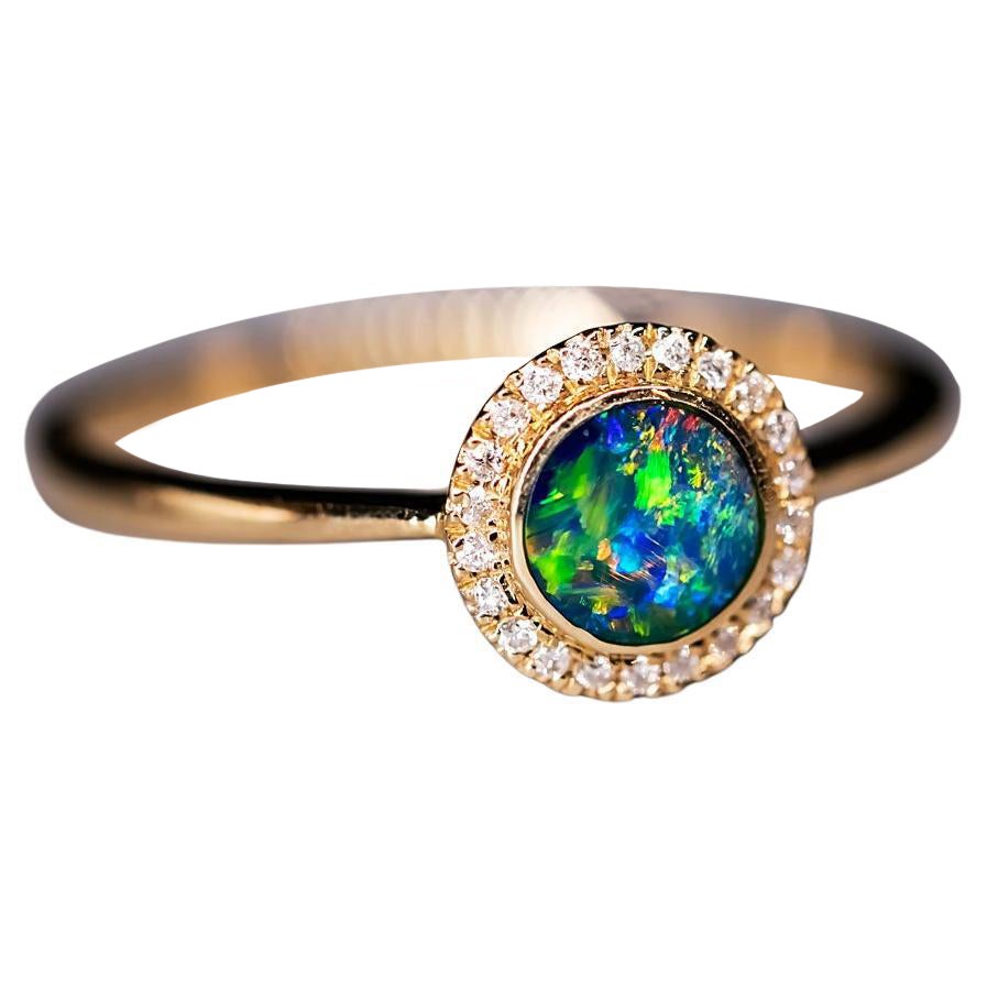 Round-Shaped Australian Doublet Opal Halo Diamond Ring 14K Yellow Gold