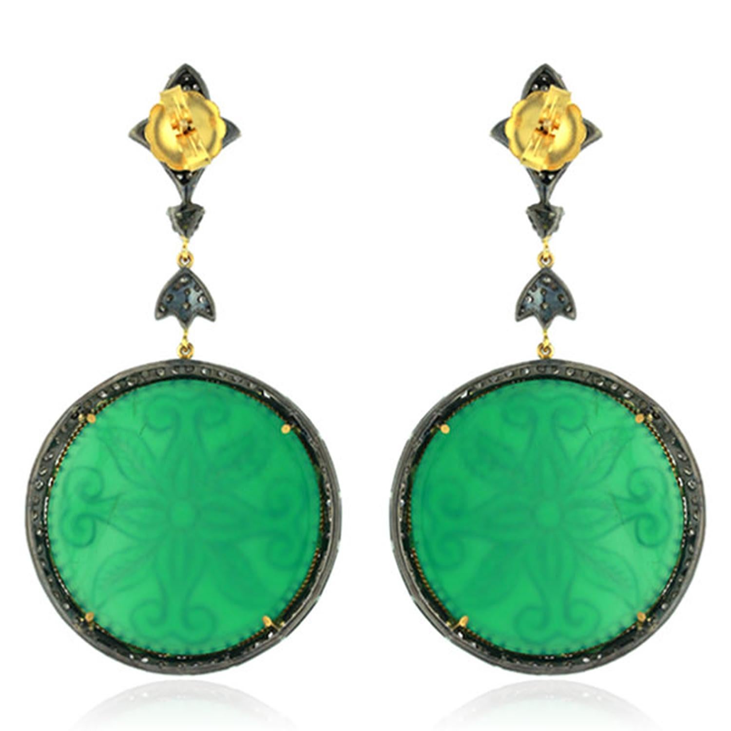 Pendientes Colgantes Redondos De Ónice Tallado Con Diamantes De Oro De 18k Y Plata Artesano en venta