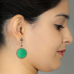 Round Shaped Carved Onyx Dangle Earrings with Diamonds Made in 18k Gold & Silver