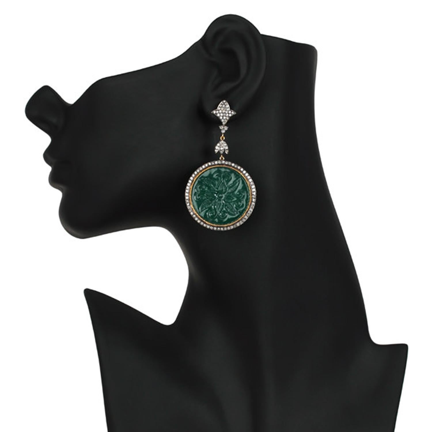 Artisan Round Shaped Carved Onyx Dangle Earrings with Diamonds Made in 18k Gold & Silver For Sale