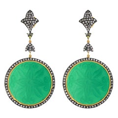 Runde geschnitzte Onyx-Ohrringe mit Diamanten aus 18 Karat Gold und Silber